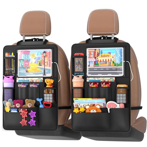 Image of Backseat car Organizer with Touch Screen,2PACK of car organizer Kick Mats Back Seat Protector with 10pcs Storage Pockets,Car Seat Back Organizers Storage for Kids road trip essentials