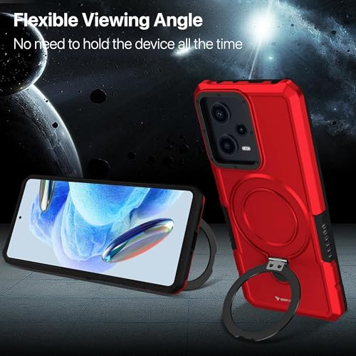Image of Vaku Luxos Astor Military Grade Back Cover Case for Redmi Note 12 Pro 5G with Rotable Ring Kickstand Shockproof Protective Cell Phone TPU Case- Red