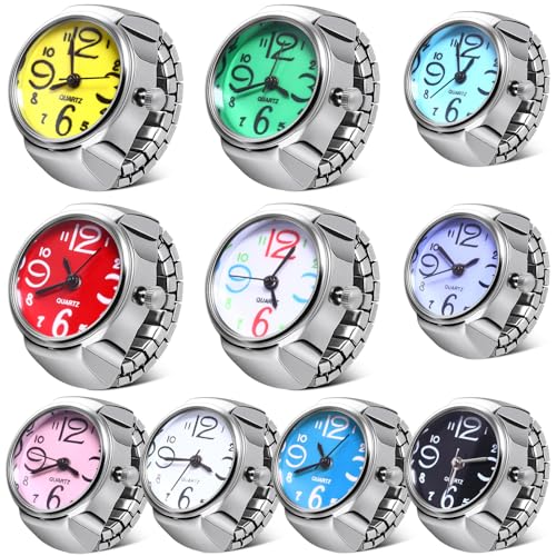 landical 10 pcs finger watches ring for women men adjustable clock rings bulk creative elastic round quartz finger ring watches
