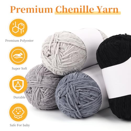 Image of Coopay Skinny Chenille Yarn for Crocheting and Knitting, 12 Pack of 50g /1.76oz - 1764yd Total, Soft Fluffy Crochet Yarn of Baby Weights - Suitable for Baby Blankets, Plush Toys - (Black and Grey)