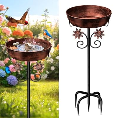 3" Deep Metal Bird Bath for Outside, Removable 12" Dia Vintage Bird Baths Bowl for Outdoors with Stable 5-Prong Stake, 37" H Freestanding Birdbath for Garden Patio Yard Lawn (Brush Bronze)