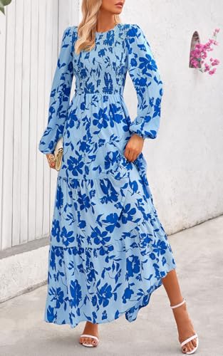 Image of PRETTYGARDEN Women's Fall Dresses 2026 Long Sleeve Flowy Casual Floral Maxi Dress Crew Neck Smocked Tiered Long Dress