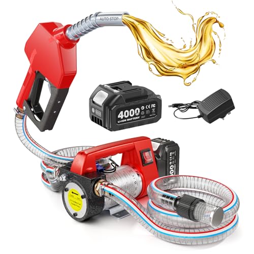 TaskStar Fuel Transfer Pump Battery Powered, 12GPM Electric Pump Kit with 21V 4.0Ah Battery & Charger, Portable Cordless Pump with Auto-off Nozzle & 2x 6.6FT Hoses for Diesel Kerosene Transfer