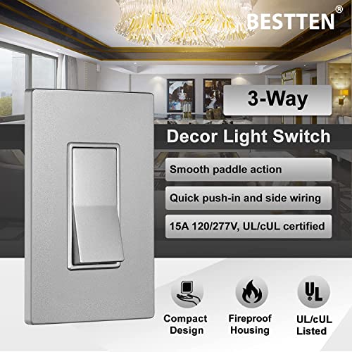 [10 Pack] Bestten Silver 3-Way Decorator Wall Light Switch With Screwless Wallplate, 15A 120/277V, On/Off Rocker Interrupter, Ul Listed #TOP2