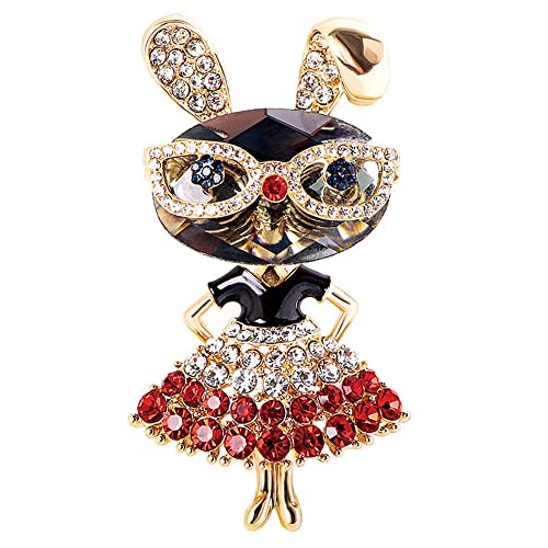 Rhinestone Lady Rabbit Brooch Pin for Women Girls Fashion Gold Plated Crystal Bunny Animal Brooches Lapel Pins Dainty Cute Graduation Honors Easter Jewelry Gift for Daughter Teacher Students (Red)