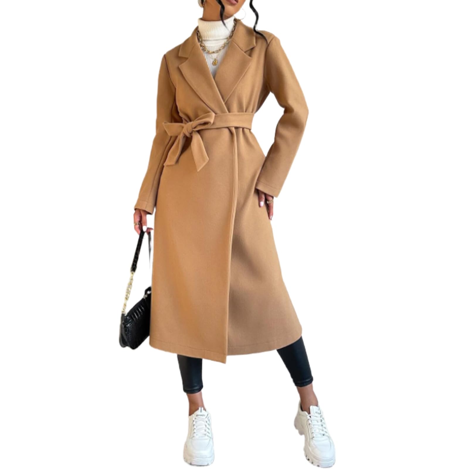 (Size L). Womens Pea Coat Jackets Elegant Notched Lapel Collar Trench Coat Winter Wool Blend Split Hem Belted Overcoat Long Jackets
