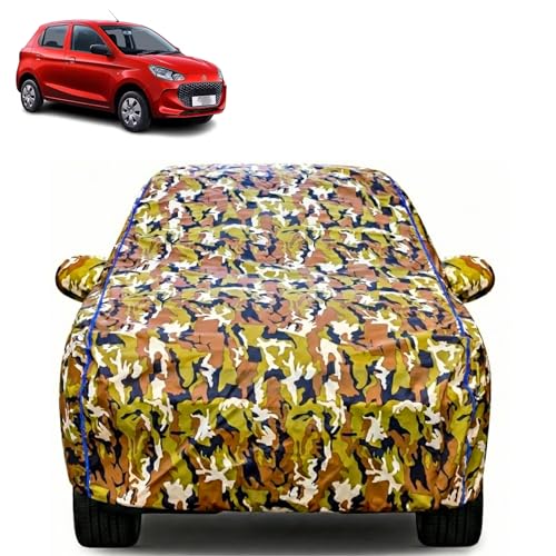 Image of Waterproof Car Body Cover for Maruti Suzuki Alto K10 with Mirror Pocket| Cotton Inner Lining | Triple Stitched | All Weather Protection | Dust, UV & Rain Proof (Camouflage with Blue Piping)