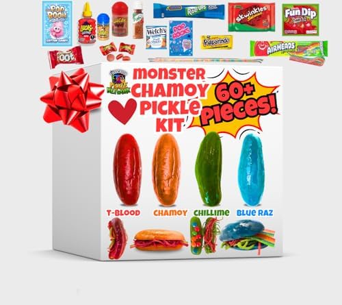Chamoy Pickle Kit Monster 60 Piece Candy Gift Box Variety Pack from Tiktok-Cotton candy pop rocks, fruit roll-ups, Lucas Gusano, Skwinkles, gifts for kids teen teens girls boys bf gf birthday easter