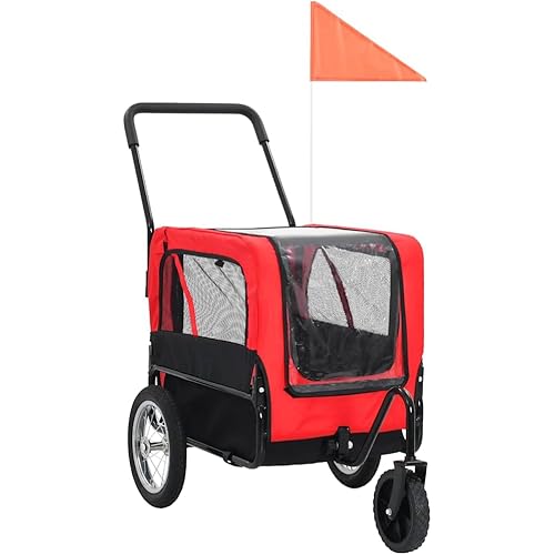 vidaXL 2-in-1 Pet Bike Trailer and Jogging Stroller, Versatile with Quick Conversion, Sturdy Steel Frame, Water-Resistant Oxford Fabric, Mesh Windows, Red and Black