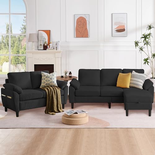 Image of 79.72 inch 3 Piece Corduroy Sofa Set with Storage Ottoman & Loveseat, L Shaped Sectional Couch with Side Pockets, Convertible Living Room Furniture Set for Small Space