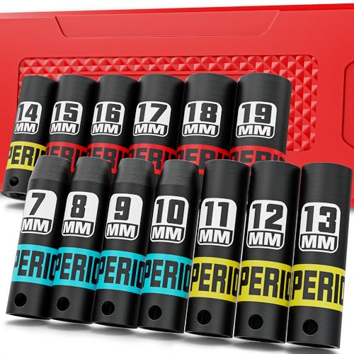 Image of 13 Piece 3 /8 inch Drive Impact Socket Set, 7 mm-19 mm Deep Socket, Metric, 6 Point, Automotive Motorcycle and Bicycle Maintenance, Machinery Manufacturing