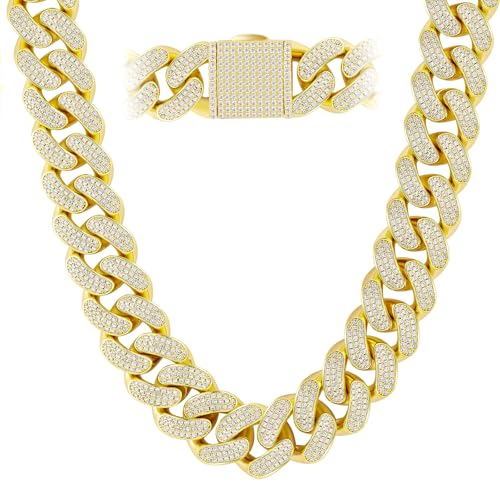 KRKC&CO Gold Necklace, Luxury Birthday Gift for Him, Men's Iced Out Cuban Link Chain 12/18mm Prong-setting 3-Row 5A CZ Stones, Hip Hop Rapper Thick Heavy Durable Anti-Tarnish