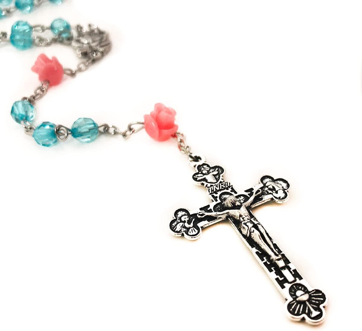 Lourdes Turquoise Crystal Cut Pink Rose Rosary Beads Catholic for Women - Catholic Gifts - Rosary Necklace for Women - Image 5