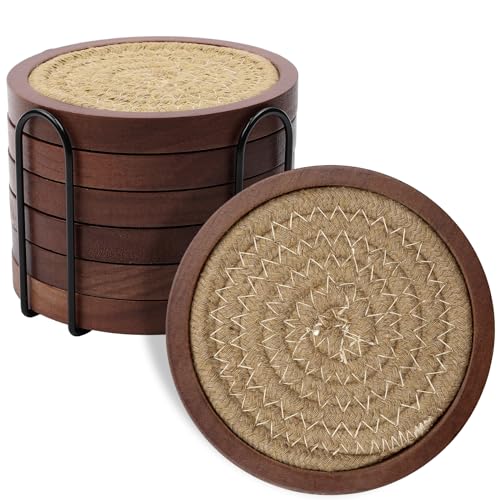 Mckanti 6 Pack Wood Coasters for Drinks with Cotton Coasters Insert Wooden Coasters with Holder for Coffee Table Decor Absorbent Coasters for Kinds of Cups 43 Inches