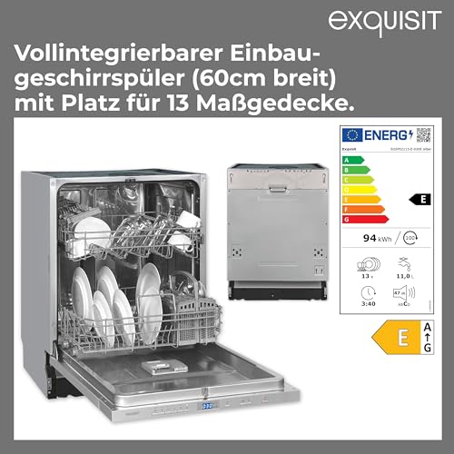 Exquisit PLUS Einbaugeschirrspüler 60 cm, Vollintegrierbar, 13 Maßgedecke, Startzeitvorwahl, 6 Spülprogramme, Power+, ECO-Modus, EGSP52113-E-030E silber