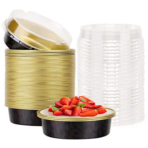 Beasea Paquete de 50 mini sartenes de 4 pulgadas con tapas, latas desechables de aluminio para hornear de 8 onzas, recipiente redondo pequeño de color rojo oscuro para magdalenas, postres, magdalenas,
