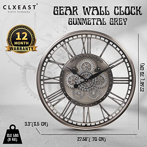 Clxeast Original Real Moving Gear Wall Clock Modern,Industrial Steampunk Big Wall Clock For Farmhouse Living Room Decor, Roman Numerals,Brushed Gunmetal (28 Inch) #TOP1