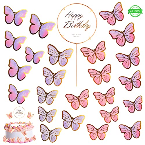 41 Stück Cake Topper Geburtstag Schmetterling Kuchen Dekoration, Happy Birthday Tortendeko Schmetterling Geburtstag Kuchen Cupcake Topper für Mädchen Frauen Geburtstag Cover