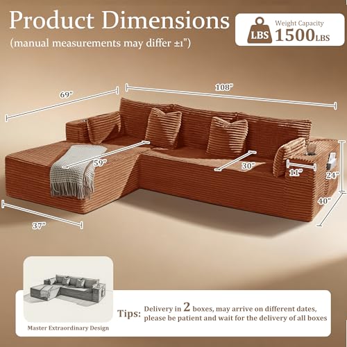 Image of 108 inch Cloud Sectional Couch, Comfort L Shaped Boneless Couch for Living Room, Extra Deep Seats No Assembly, Minimalist Modular Sofa, Corduroy (Deep Orange, 2 Seater+Left Facing Chaise)