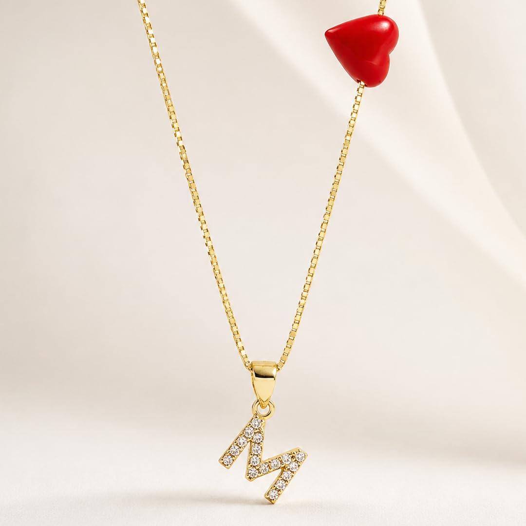 Collana Lettera del Cuore con Iniziale Zirconata e Cuore in Corallo Rosso naturale del Mediterraneo gioiello elegante minimal da donna ragazza