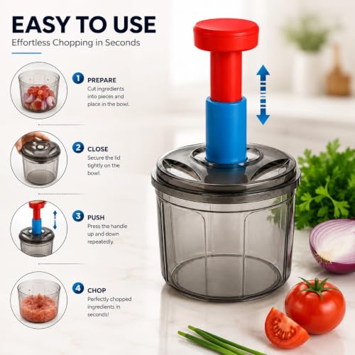 Image of TheXpert Vegetable Chopper for Kitchen | Chopper for Kitchen Use | Manual Food Chopper with Stainless Steel Blades | Food Grade Plastic | Easy to Use Kitchen Tool (1100ml Push Chopper)