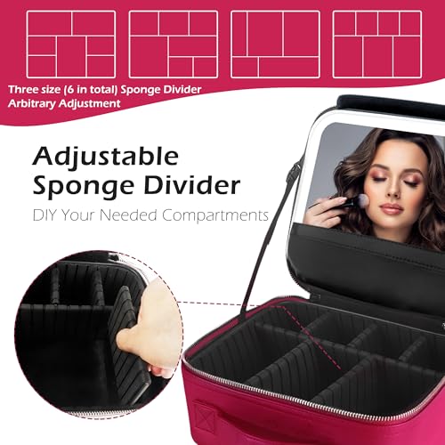 Image of MOMIRA Travel Makeup Bag Cosmetic Bag Makeup Organizer Bag with Lighted Mirror, Adjustable Brightness in 3 Color Scenarios, Waterproof Makeup Train Case, Gift for Women - Rose Red(Woven)