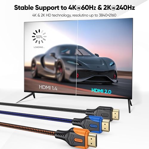 Image of 4K HDMI 2.0 Cable, 10FT, 3-Pack, 18Gbps, Tri-Color | Long Reach for Home Theater Use, Braided Nylon, 4K@60Hz, 2K@240Hz. ARC, HDR10, Dolby, HDCP2.2, For TV, Projector, PC