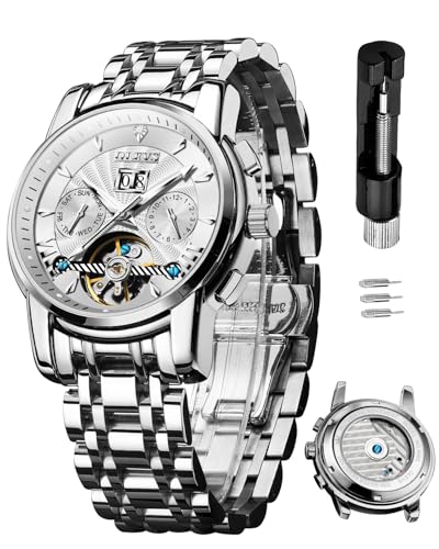 Image of OLEVS Watches for Men Automatic Skeleton 5 Hands Mechanical Luxury Watch Classic Calendar Stainless Steel Waterproof Mens Wrist Watch