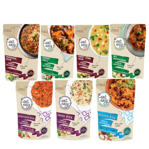 Image of Eat Easy Ready To Eat Desi Chinese Food- Combo of 7, Freeze Dehydrated | Schezwan Rice, Spicy Manchow Soup, Sweet Corn Soup, Protein Rich Paneer Chilli, Veg Manchurian, Mexican Rice, Veg Fried Rice