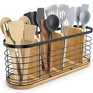 Round-Cornered Kitchen Utensil Holder Large Cooking Utensils Organizer with Bamboo Base 4 Compartments Utensil Caddy for Kitchen Countertop Storage