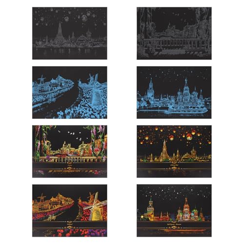 TOBBOMEY Set de 8 Tarjetas para Rascar Escenas Nocturnas Ciudad Tarjetas Artísticas de Papel Cartón Diseño de Colores Adecuado para Manualidades y Entretenimiento Infantil