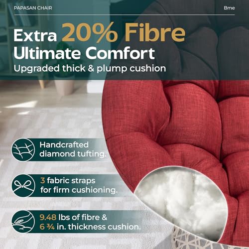Image of Bme Ergonomic Wicker Papasan Chair with Soft Thick Density Fabric Cushion, High Capacity Steel Frame, 360 Degree Swivel for Living, Bedroom, Reading Room, Lounge, Cherry Sangria - White Base