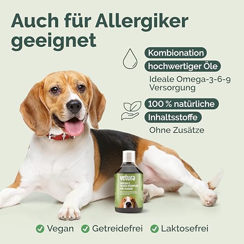 Vetura Omega-3 Vegan Komplex für Hunde | 500 ml | Pflanzliches Ergänzungsfuttermittel mit DHA, EPA & ALA | Mit Leinöl, Algenöl & Nachtkerzenöl | Für Haut, Fell & Vitalstoffversorgung | Made in Germany