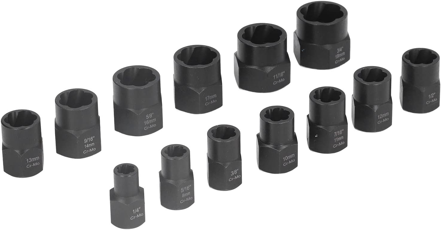 Impact Nut Bolt r Set, Rusted Damaged Stripped Extractor Tool Kit, High Hardness Chrome Molybdenum Steel, Metric and SAE Sizes, with Clear Label and Storage Box