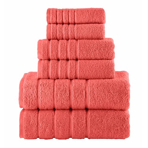 Image of Elegant Comfort 4 Lines Viscose Stripe 6-Piece Premium Towel Set - 100% Turkish Cotton High Absorbent Luxury Bathroom Towels - Includes 2 Washcloths, 2 Hand Towels and 2 Bath Towels Set, Coral