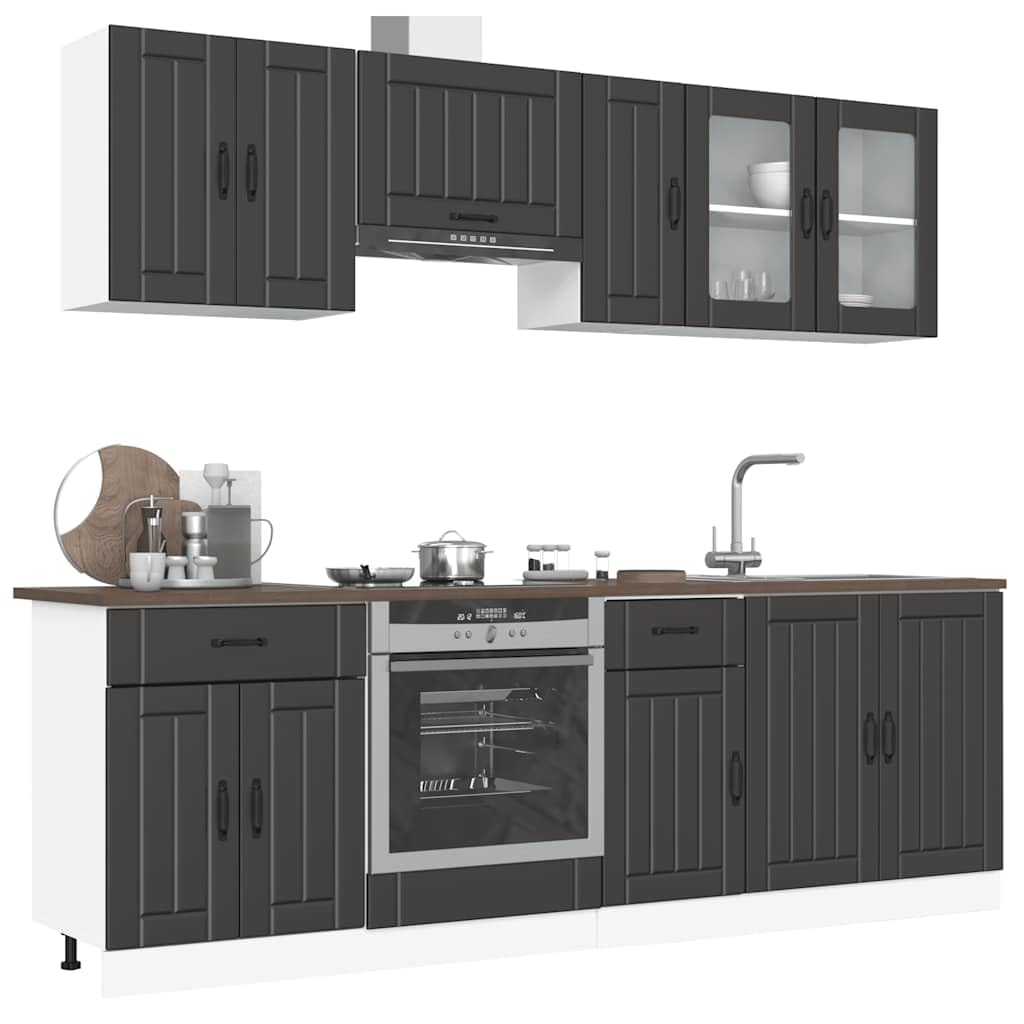 8-TLG Küchenschrank-Set Kalmar Modulare Küchenzeile Schwarz | Modulare Miniküche für Ihre Küche mit verstellbaren Füßen und vielseitigem Stauraum aus robustem Holzwerkstoff.