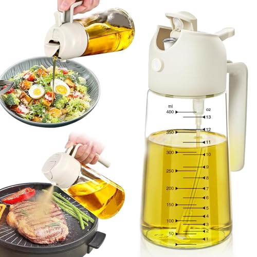 Velvaria 2 in 1 Oil Sprayer & Dispenser Bottle 470ml Glass Mister with Ergonomic Handle Non-Drip Pour Spout for Air Fryer Salad & BBQ Healthy Cooking Gadget (White)