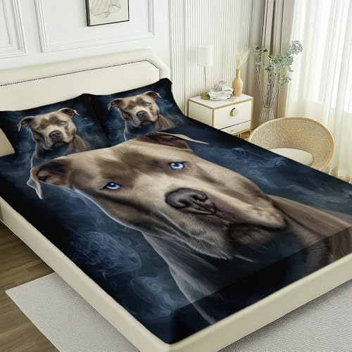 Sábana Bajera 90 × 190 cm - Primer Plano Animales Pitbull Humo Estampada - Altura 30cm - Negro Microfibra Suave y Transpirable - Sábanas Bajeras Ajustables - Antiarrugas y antialérgico