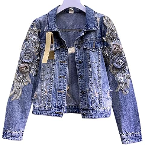 GNEHSL Women'S Holes Denim Jacket - Beaded Embroidered Stereo Flowers Loose Short Basic Coat,Long Sleeve Classic Turn Down Collar Plus Size Elegant Top For Girls,Blue,M Cover