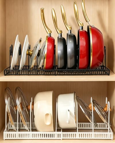 Image of HuuDraLono 2 Pack Expandable Pot and Pan Organizerinside Cabinet 13 Divider | Expandable 11.8–22.9", 13 Adjustable Dividers, Tool-Free Assembly, Non-Slip, For Pan Lid Cutting Board Bakeware-White&Black