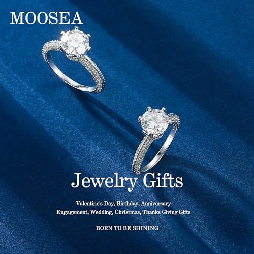 MOOSEA 2ct Moissanite Rings for Women, D Color VVS1 Clarity Lab Created Moissanite Rings 18K White Gold Vermeil 6 Prong Round Solitaire Knife Edge Moissanite Engagement Rings for Women Size 4-113