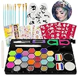 Face Painting Kit for Adults 24 Colors Water-Based Non-Toxic Face Paint Palette With Brushes&Stencils, Hair Chalk, Gems, Glitters, Crayon, Halloween Makeup Kit for Parties, Cosplay, Face Body Art