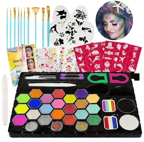 Face Painting Kit for Adults 24 Colors Water-Based Non-Toxic Face Paint Palette With Brushes&Stencils, Hair Chalk, Gems, Glitters, Crayon, Halloween Makeup Kit for Parties, Cosplay, Face Body Art