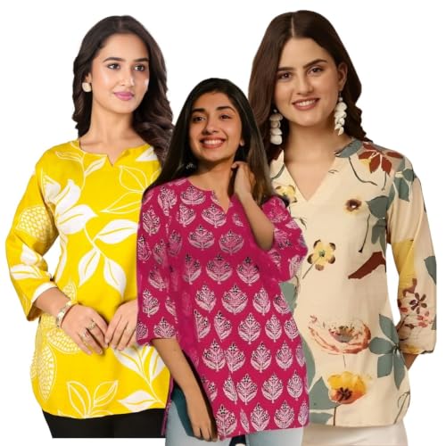 Image of Women's Printed Short Kurti Tops Rayon Cotton Blend Tunic Combo