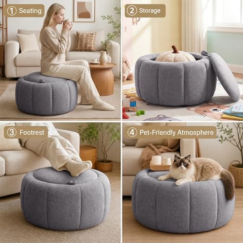 Tbfit Round Storage Ottoman - No Assembly Required, Storage & Sturdy Structure Multi-Functional Seat/Footrest for Living Room, Bedroom & Kids Room Soft Fabric for Family Home Use — view 4
