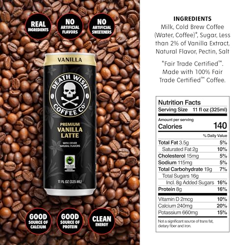 Death Wish Coffee, Iced Coffee Cold Brew, 8g Protein, Fair Trade (Vanilla Latte)