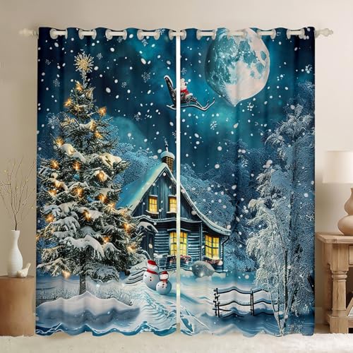Homemissing Christmas Window Drapes Treatments Christmas Tree Curtains for Kids Boys Girls Warm Theme Winter Snow Window Drapes Merry Christmas Window Treatments