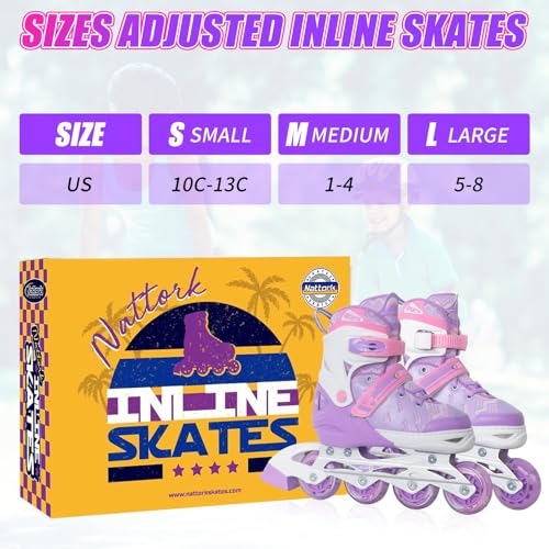 Image of Nattork Adjustable Inline Skates for Tollder Girls with Light up Wheels - Purple Little Kids Blade Roller Skating for Beginners Size 10J 11J 12J Ages 4 5 6