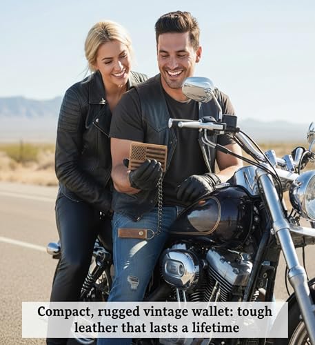 Image of F&L CLASSIC RFID Blocking Men's Tri-fold Vintage Biker Cowhide Leather Steel Chain Wallet,Snap closure, brown,flag,315-100