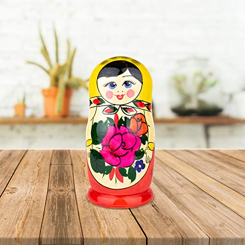 Heka Naturals Semyonov Yellow Nesting Dolls | All Natural Wooden Matryoshka Doll Set Of 7 (7 Inch) - Traditional Babushka Home Decor, Wooden Stacking Dolls, Vintage Handmade Shape #TOP5